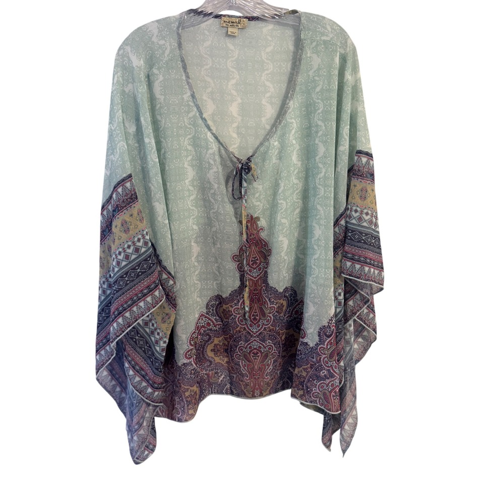 One World Womens L Mint Green Paisley‎ V-Neck Tie Poncho Top Kaftan Boho Hippie